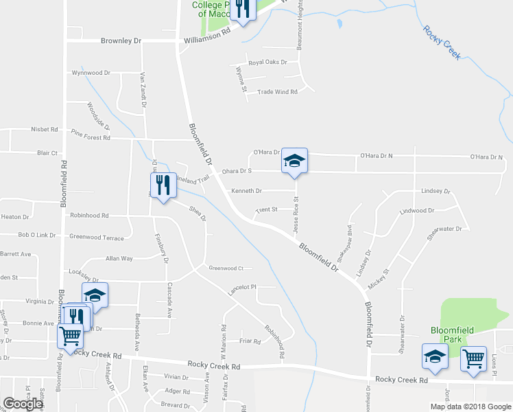 map of restaurants, bars, coffee shops, grocery stores, and more near 3545 Trent Street in Macon