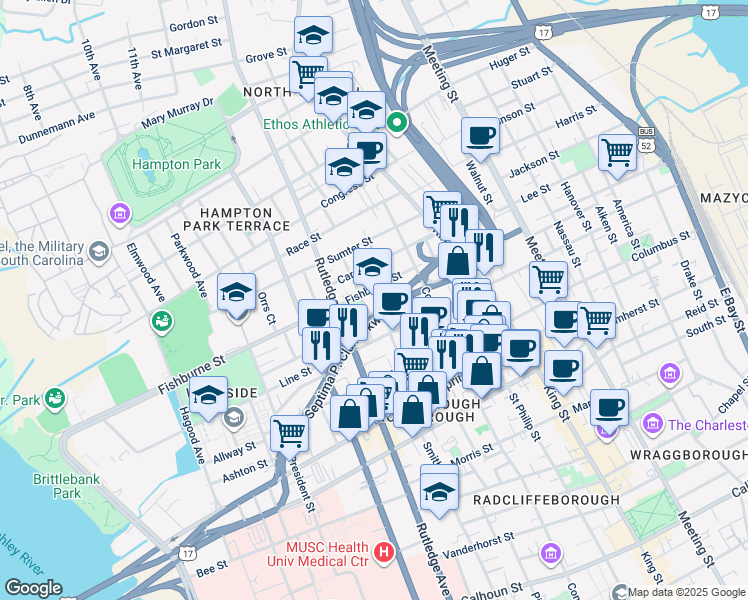 map of restaurants, bars, coffee shops, grocery stores, and more near 2 Perry Street in Charleston