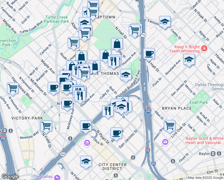 map of restaurants, bars, coffee shops, grocery stores, and more near 2131 Boll Street in Dallas