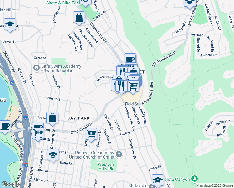 map of restaurants, bars, coffee shops, grocery stores, and more near 3010 Clairemont Drive in San Diego