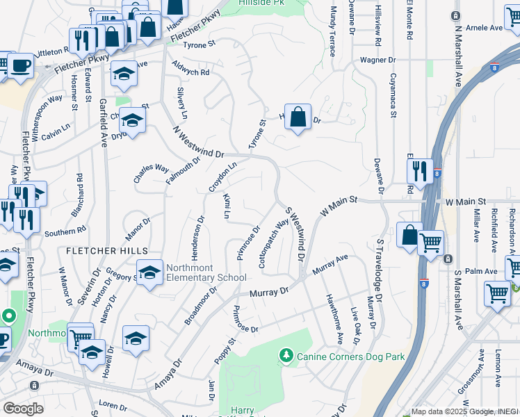 map of restaurants, bars, coffee shops, grocery stores, and more near 9694 Wayfarer Drive in La Mesa