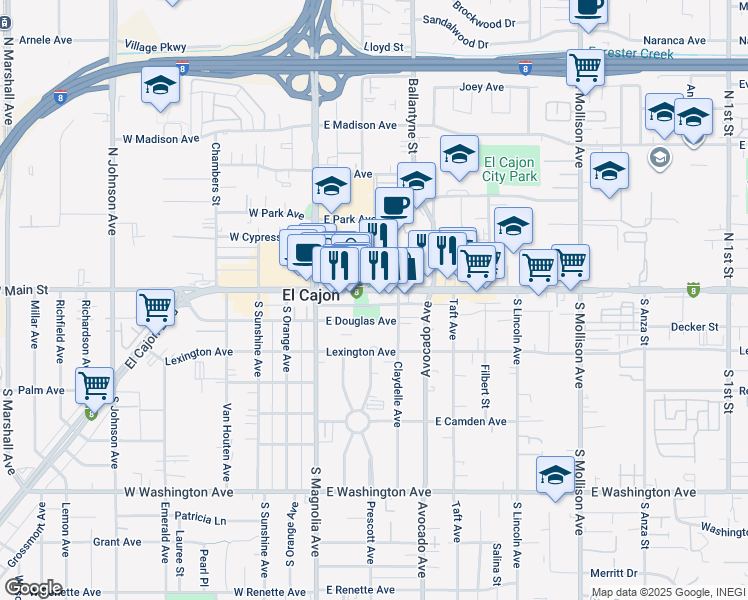 map of restaurants, bars, coffee shops, grocery stores, and more near 229 East Main Street in El Cajon