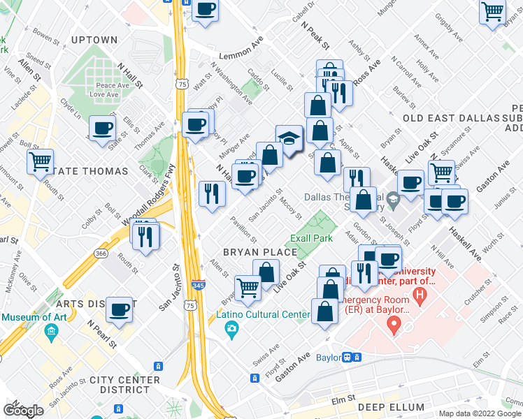map of restaurants, bars, coffee shops, grocery stores, and more near N Hall St & San Jacinto St in Dallas