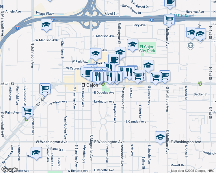 map of restaurants, bars, coffee shops, grocery stores, and more near 229 East Main Street in El Cajon