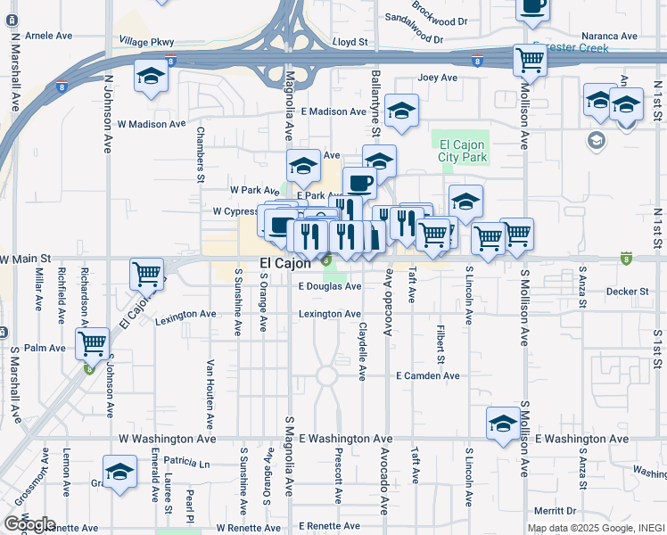 map of restaurants, bars, coffee shops, grocery stores, and more near 245 East Main Street in El Cajon