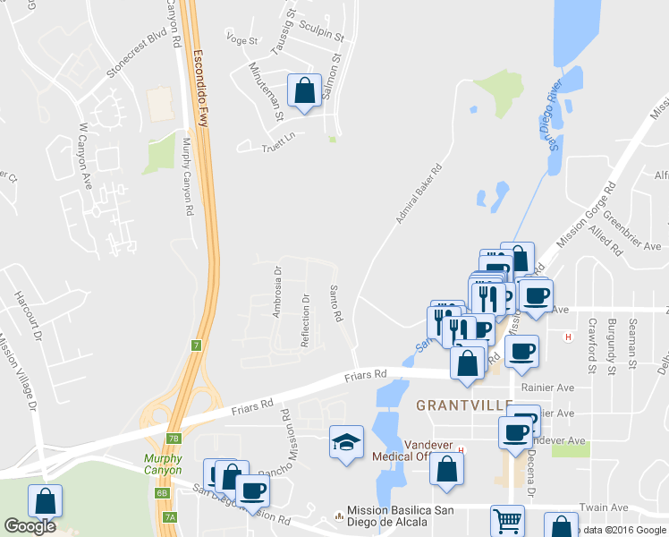 map of restaurants, bars, coffee shops, grocery stores, and more near 2638 Santo Rd in San Diego