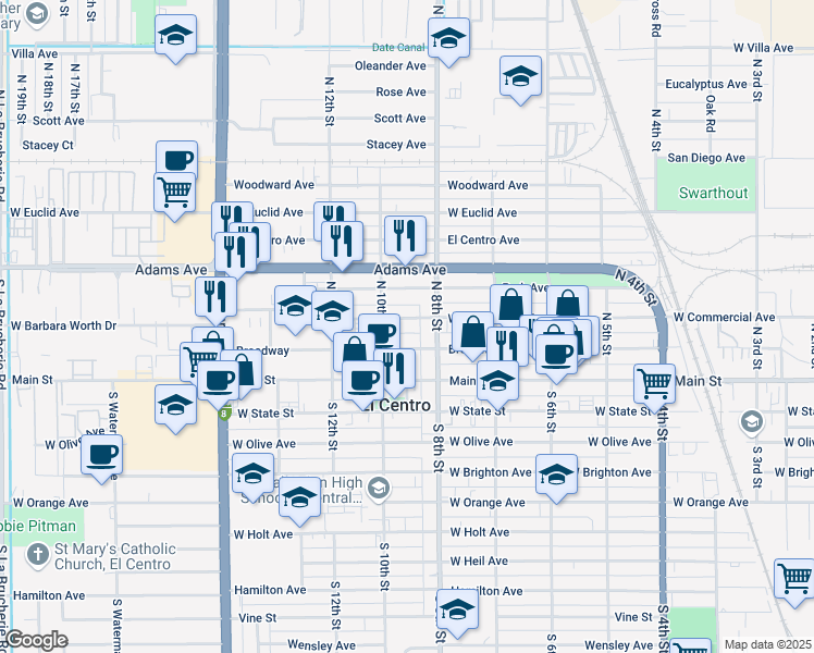 map of restaurants, bars, coffee shops, grocery stores, and more near 873 West Commercial Avenue in El Centro