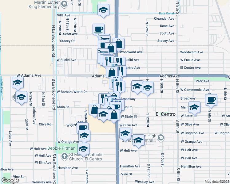 map of restaurants, bars, coffee shops, grocery stores, and more near 1501-1507 West Barbara Worth Drive in El Centro