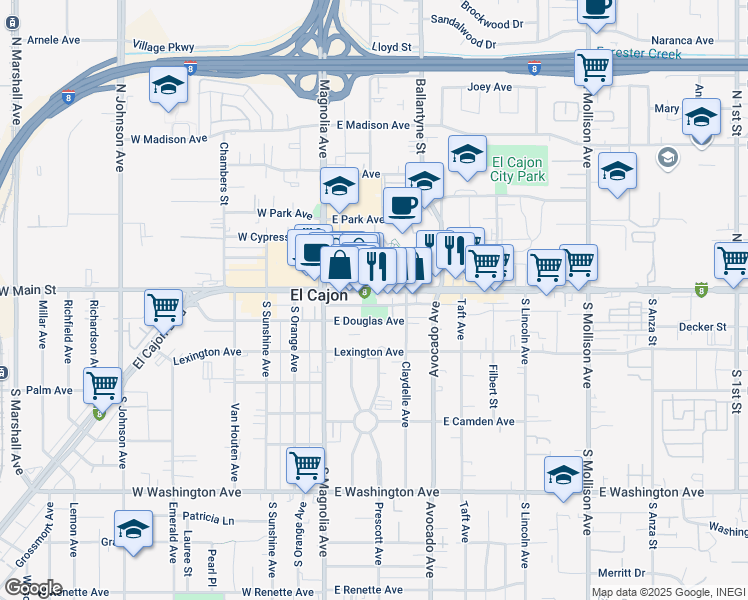 map of restaurants, bars, coffee shops, grocery stores, and more near 245 East Main Street in El Cajon