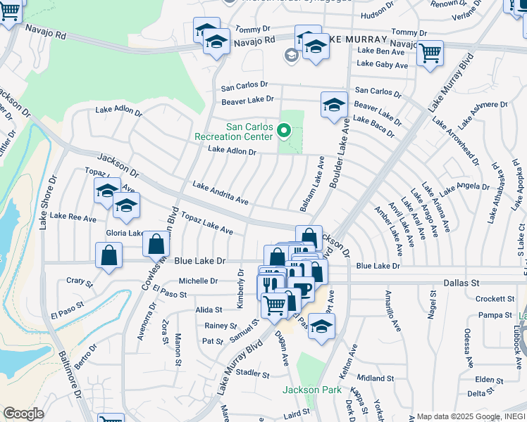 map of restaurants, bars, coffee shops, grocery stores, and more near 8139 Lake Andrita Avenue in San Diego