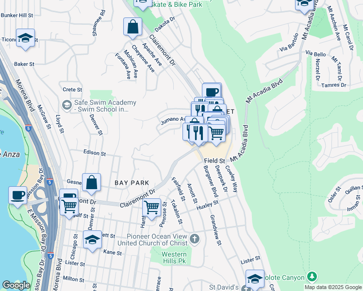 map of restaurants, bars, coffee shops, grocery stores, and more near 3010 Clairemont Drive in San Diego