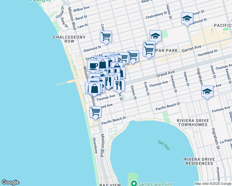 map of restaurants, bars, coffee shops, grocery stores, and more near 930 Thomas Avenue in San Diego