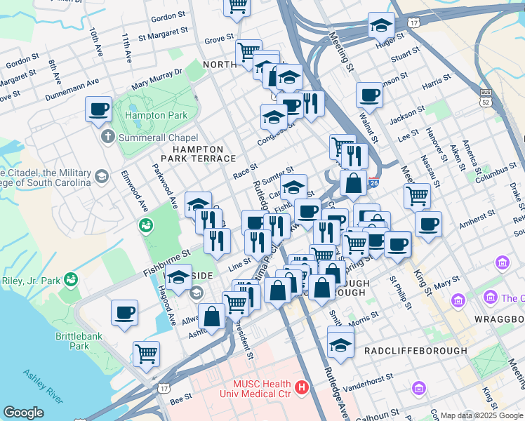 map of restaurants, bars, coffee shops, grocery stores, and more near 4 Larnes Street in Charleston