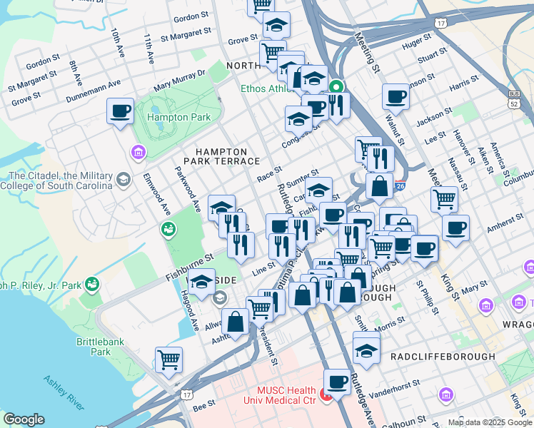map of restaurants, bars, coffee shops, grocery stores, and more near 319 Ashley Avenue in Charleston