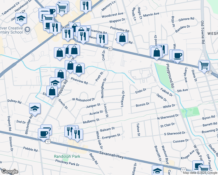 map of restaurants, bars, coffee shops, grocery stores, and more near 1528 West Robinhood Drive in Charleston