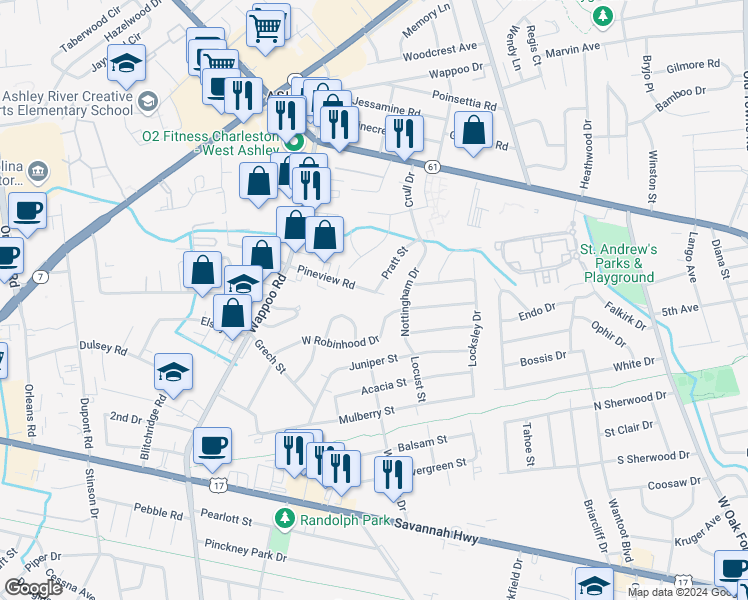 map of restaurants, bars, coffee shops, grocery stores, and more near 1613 Pineview Road in Charleston