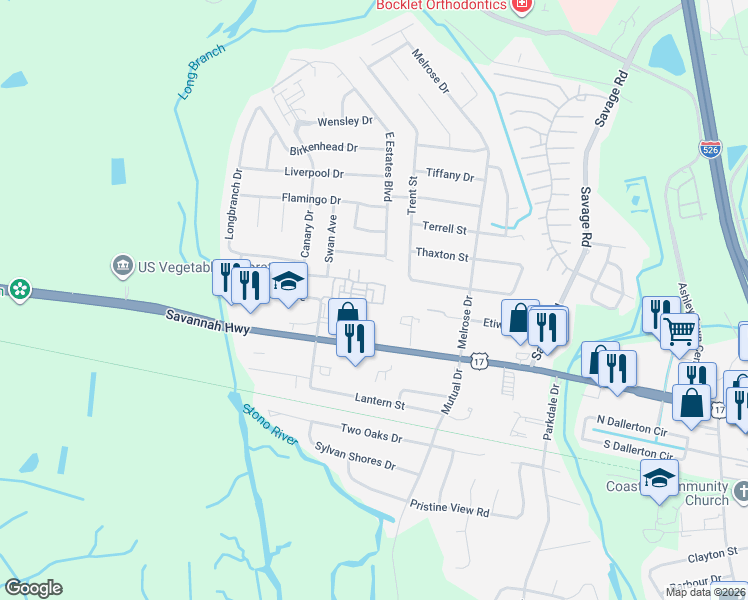 map of restaurants, bars, coffee shops, grocery stores, and more near 2497 Etiwan Avenue in Charleston