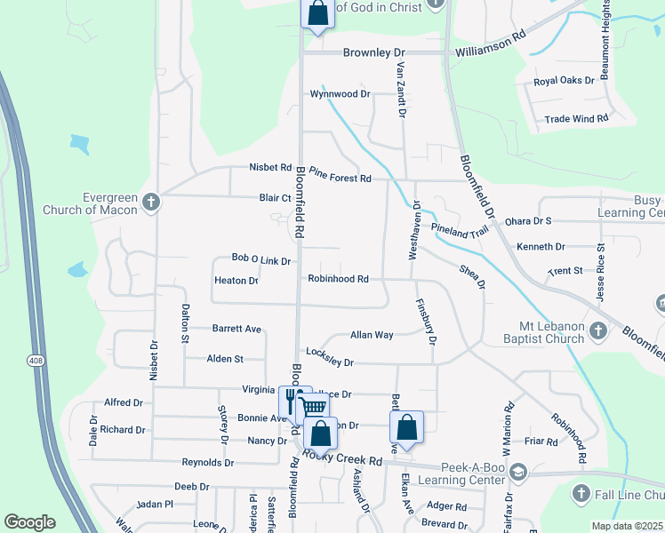 map of restaurants, bars, coffee shops, grocery stores, and more near 2595 Robinhood Road in Macon