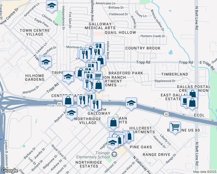 map of restaurants, bars, coffee shops, grocery stores, and more near 909 U.S. 80 in Mesquite