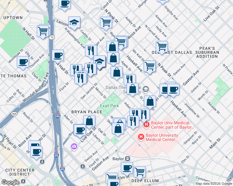 map of restaurants, bars, coffee shops, grocery stores, and more near 1355 Adair Street in Dallas