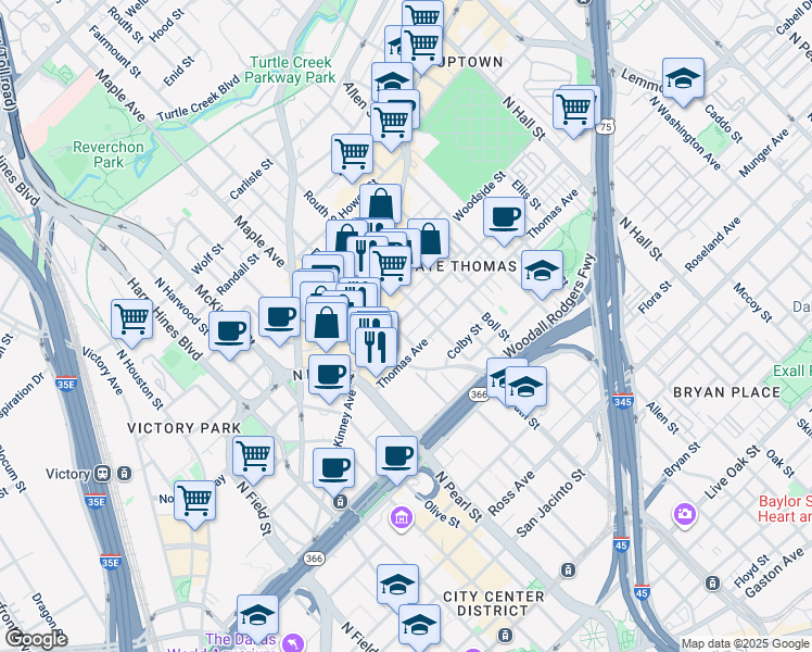 map of restaurants, bars, coffee shops, grocery stores, and more near 2500 State Street in Dallas