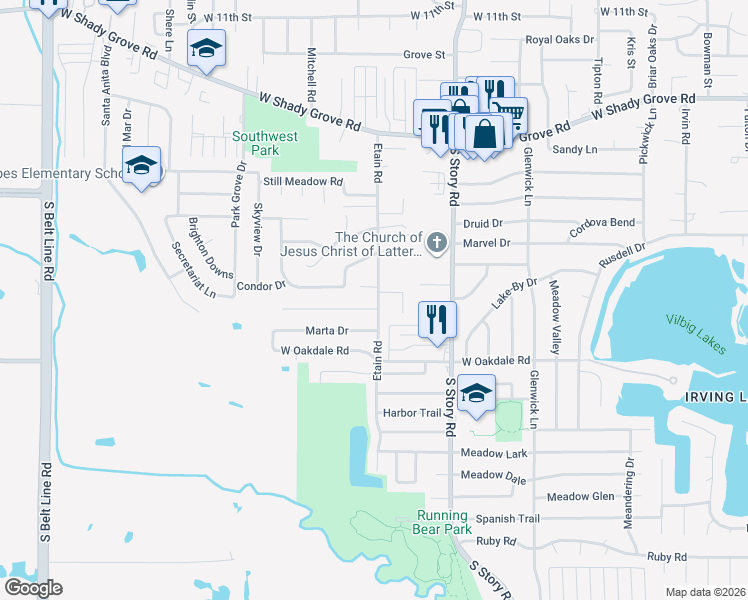map of restaurants, bars, coffee shops, grocery stores, and more near 2611 West Eighteenth Street in Irving