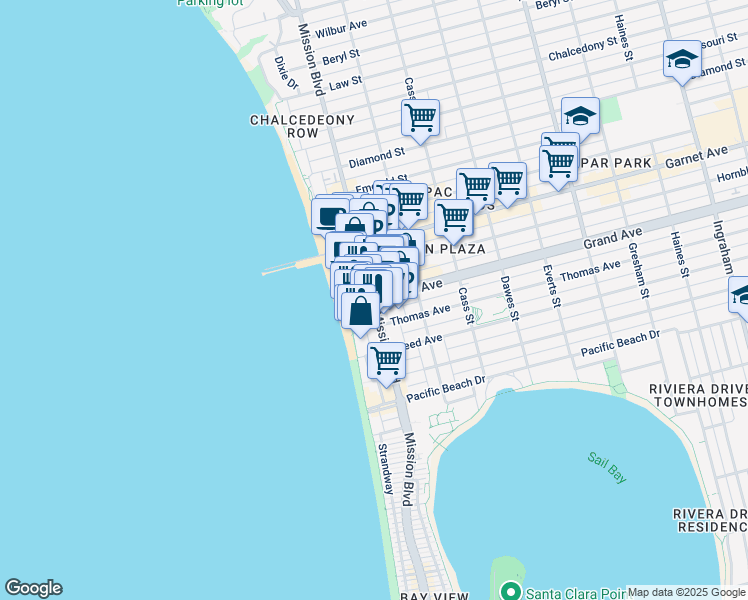 map of restaurants, bars, coffee shops, grocery stores, and more near Mission Blvd & Grand Ave in San Diego