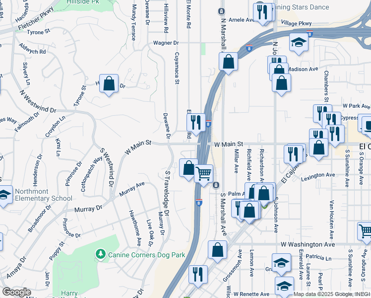 map of restaurants, bars, coffee shops, grocery stores, and more near 1245 West Main Street in El Cajon