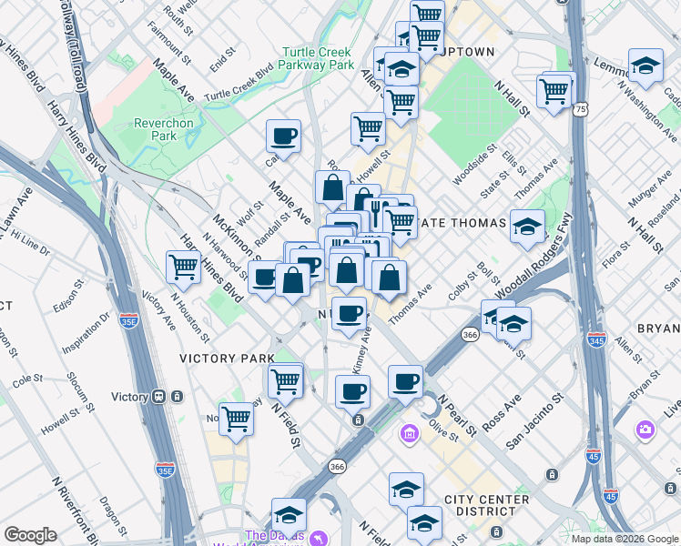 map of restaurants, bars, coffee shops, grocery stores, and more near 200 Crescent Court in Dallas