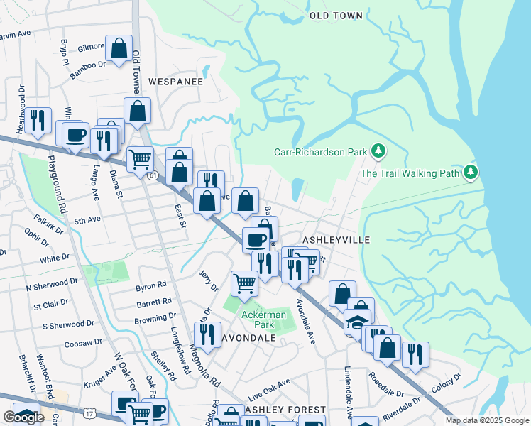 map of restaurants, bars, coffee shops, grocery stores, and more near 953 Battery Avenue in Charleston