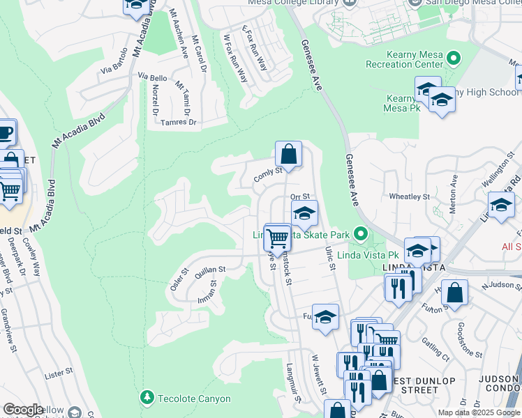 map of restaurants, bars, coffee shops, grocery stores, and more near 2861 Preece Street in San Diego