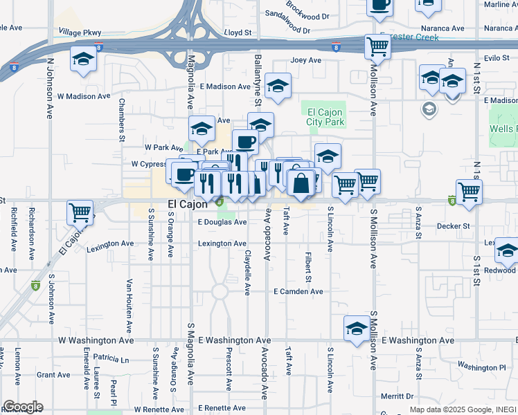 map of restaurants, bars, coffee shops, grocery stores, and more near 327 East Main Street in El Cajon