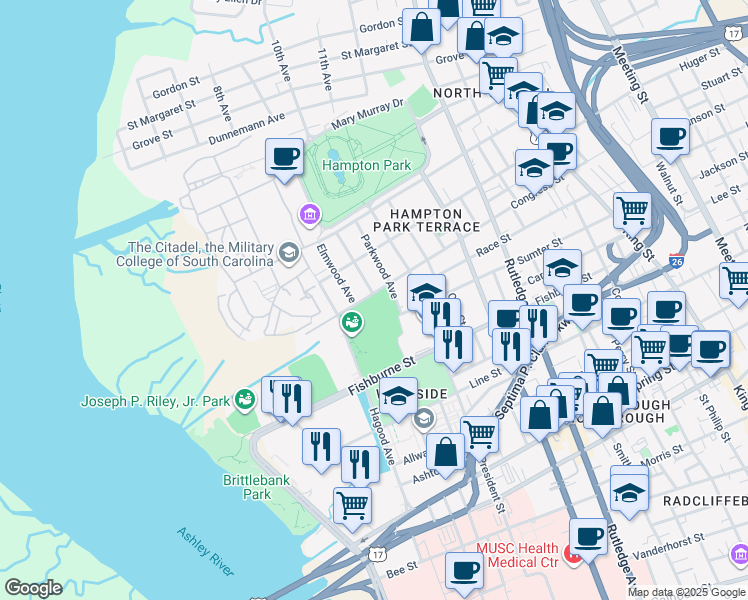 map of restaurants, bars, coffee shops, grocery stores, and more near 285 Congress Street in Charleston