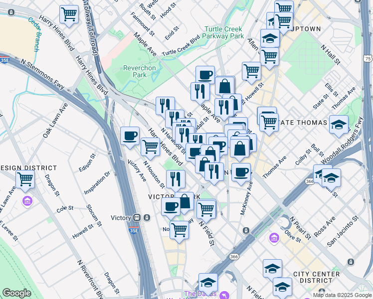 map of restaurants, bars, coffee shops, grocery stores, and more near 2814 North Harwood Street in Dallas