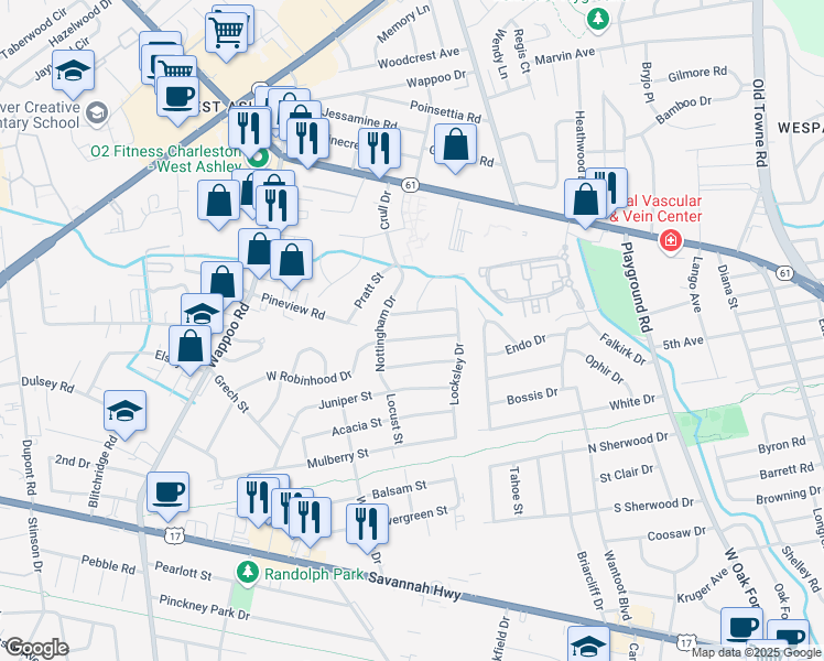 map of restaurants, bars, coffee shops, grocery stores, and more near 1528 W Robinhood Dr in Charleston