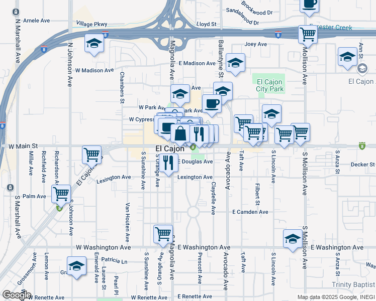map of restaurants, bars, coffee shops, grocery stores, and more near 161 East Main Street in El Cajon