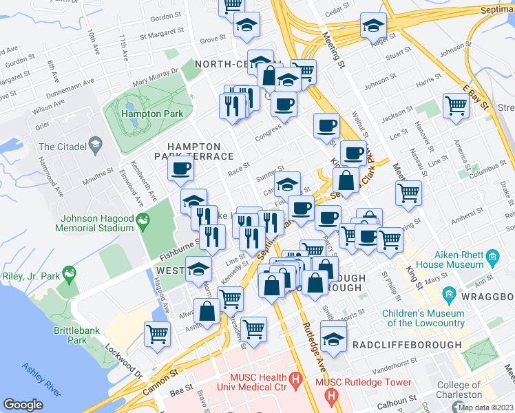 map of restaurants, bars, coffee shops, grocery stores, and more near 539 Rutledge Avenue in Charleston