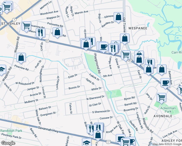 map of restaurants, bars, coffee shops, grocery stores, and more near 18 Falkirk Drive in Charleston