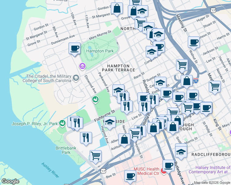 map of restaurants, bars, coffee shops, grocery stores, and more near 4 Parkwood Avenue in Charleston