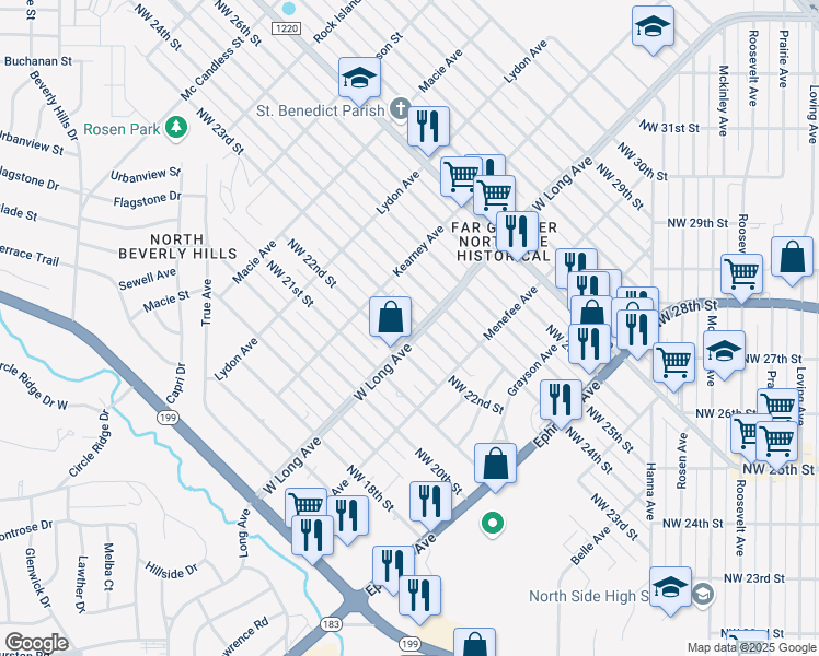 map of restaurants, bars, coffee shops, grocery stores, and more near 2701 Northwest 23rd Street in Fort Worth