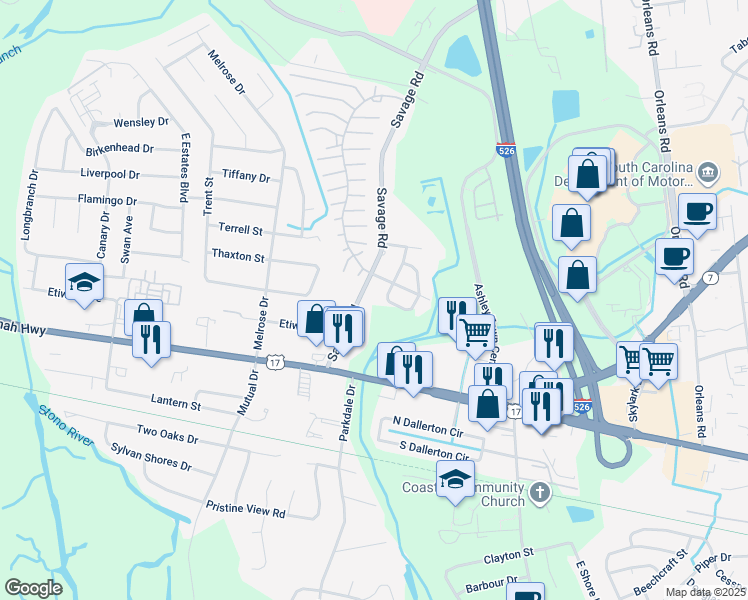 map of restaurants, bars, coffee shops, grocery stores, and more near 736 Savage Road in Charleston