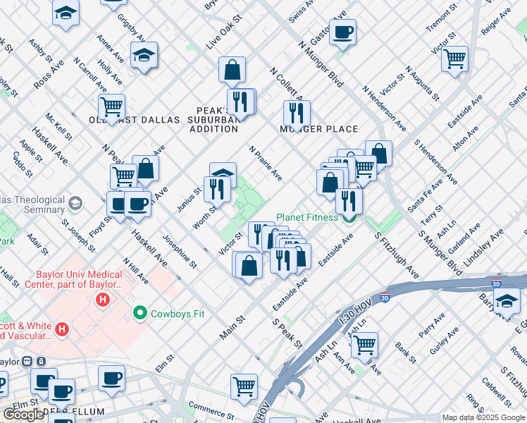 map of restaurants, bars, coffee shops, grocery stores, and more near 4610 Victor Street in Dallas