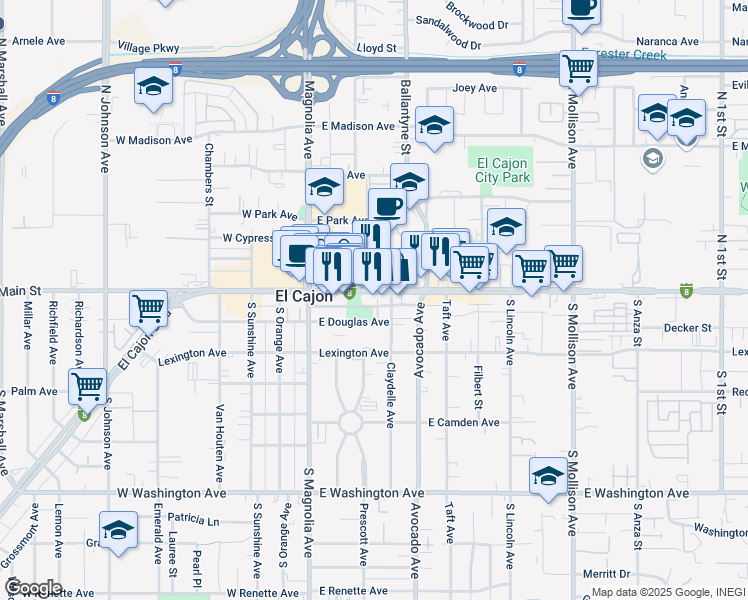 map of restaurants, bars, coffee shops, grocery stores, and more near 245 East Main Street in El Cajon