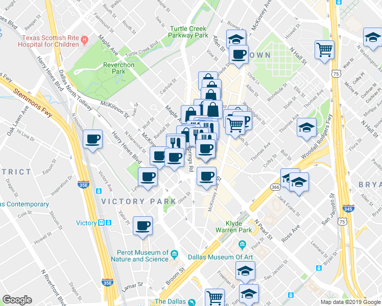 map of restaurants, bars, coffee shops, grocery stores, and more near 2215 Cedar Springs Road in Dallas