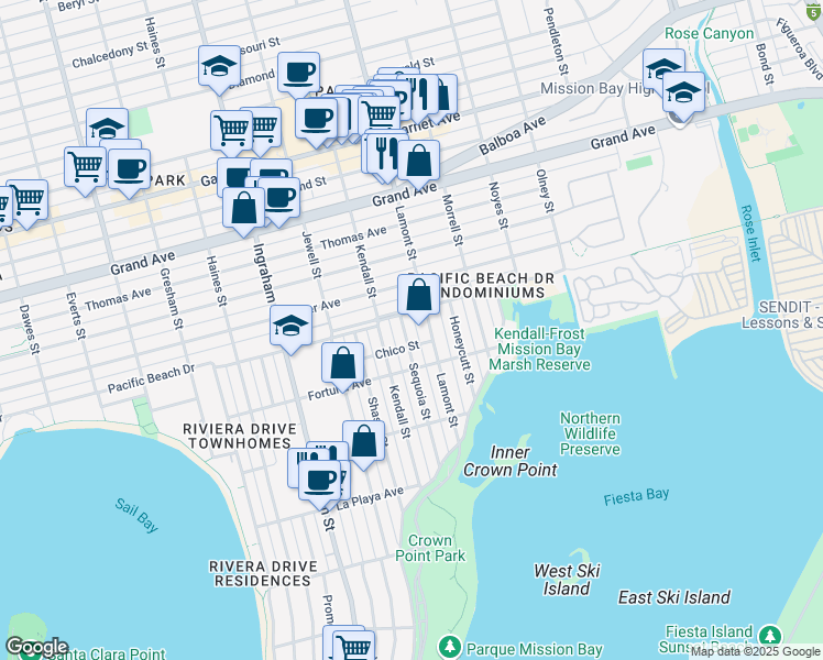 map of restaurants, bars, coffee shops, grocery stores, and more near in San Diego
