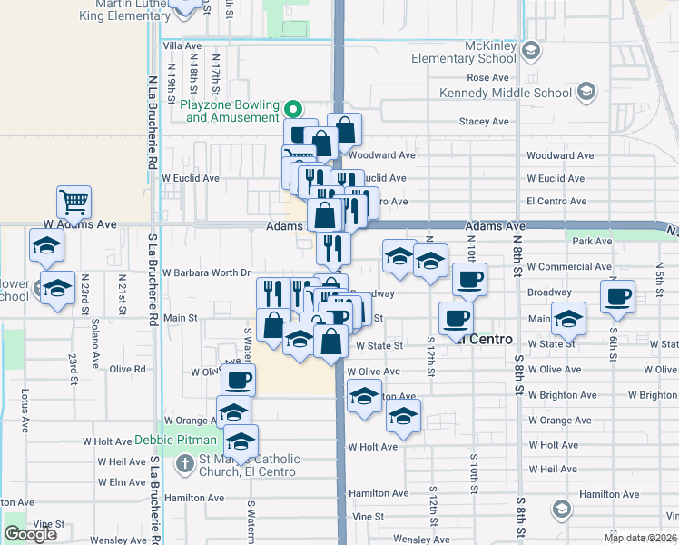 map of restaurants, bars, coffee shops, grocery stores, and more near North Imperial Avenue & West Barbara Worth Drive in El Centro