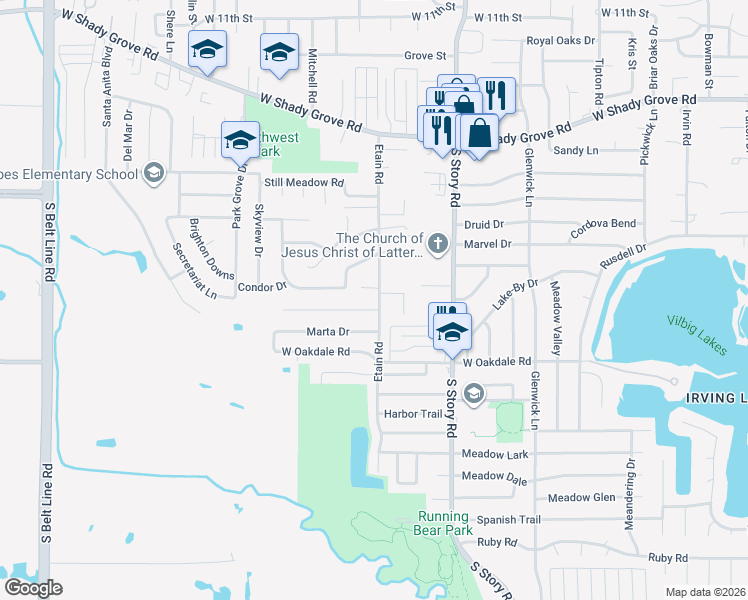 map of restaurants, bars, coffee shops, grocery stores, and more near 2611 West Eighteenth Street in Irving