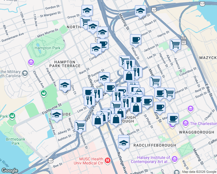 map of restaurants, bars, coffee shops, grocery stores, and more near 126 Sheppard Street in Charleston