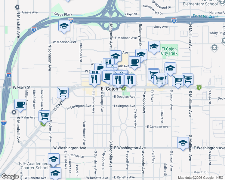 map of restaurants, bars, coffee shops, grocery stores, and more near in El Cajon