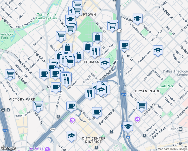 map of restaurants, bars, coffee shops, grocery stores, and more near 2112 Boll Street in Dallas